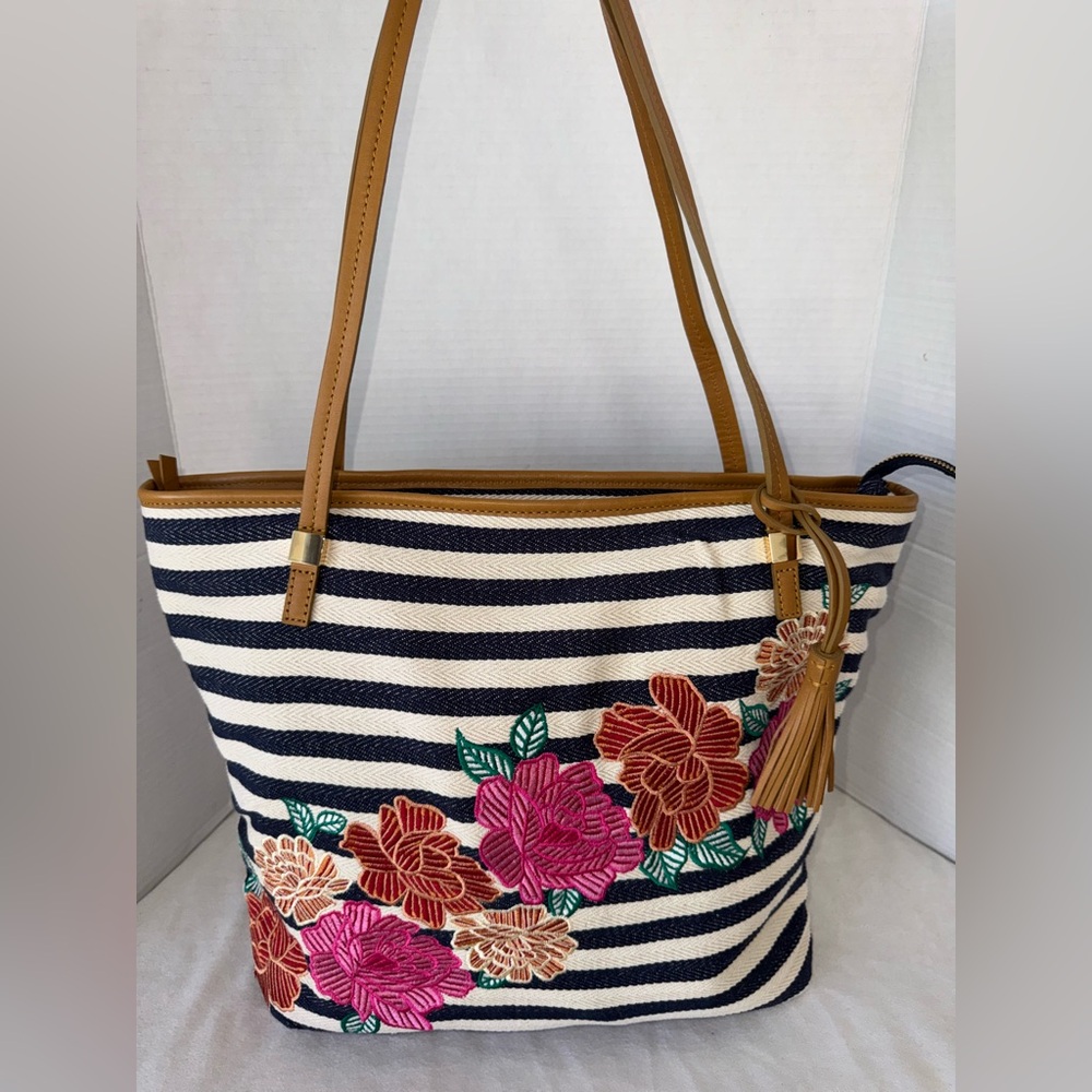 Chico's Striped Vibrant Floral Embroidered Cotton Leather Tote Shoulder Purse - Picture 2 of 14